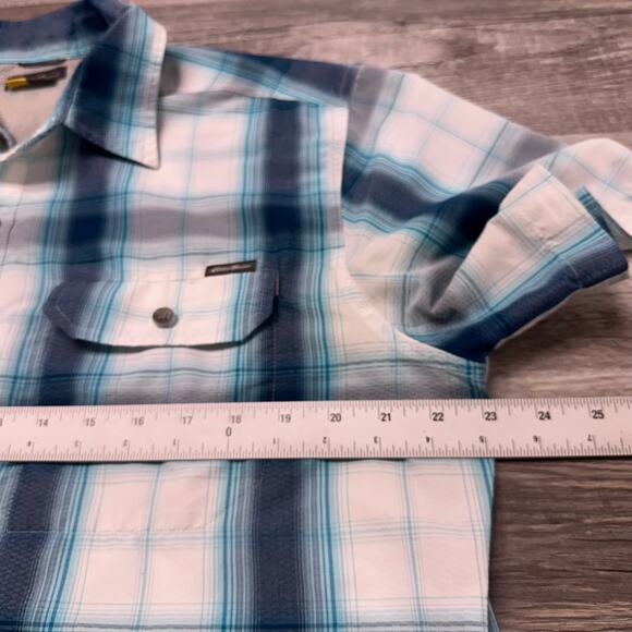 Eddie Bauer Shirt Travex Blue Men L Plaid Nylon Outdoor Button Hiking Fishing - Picture 8 of 10